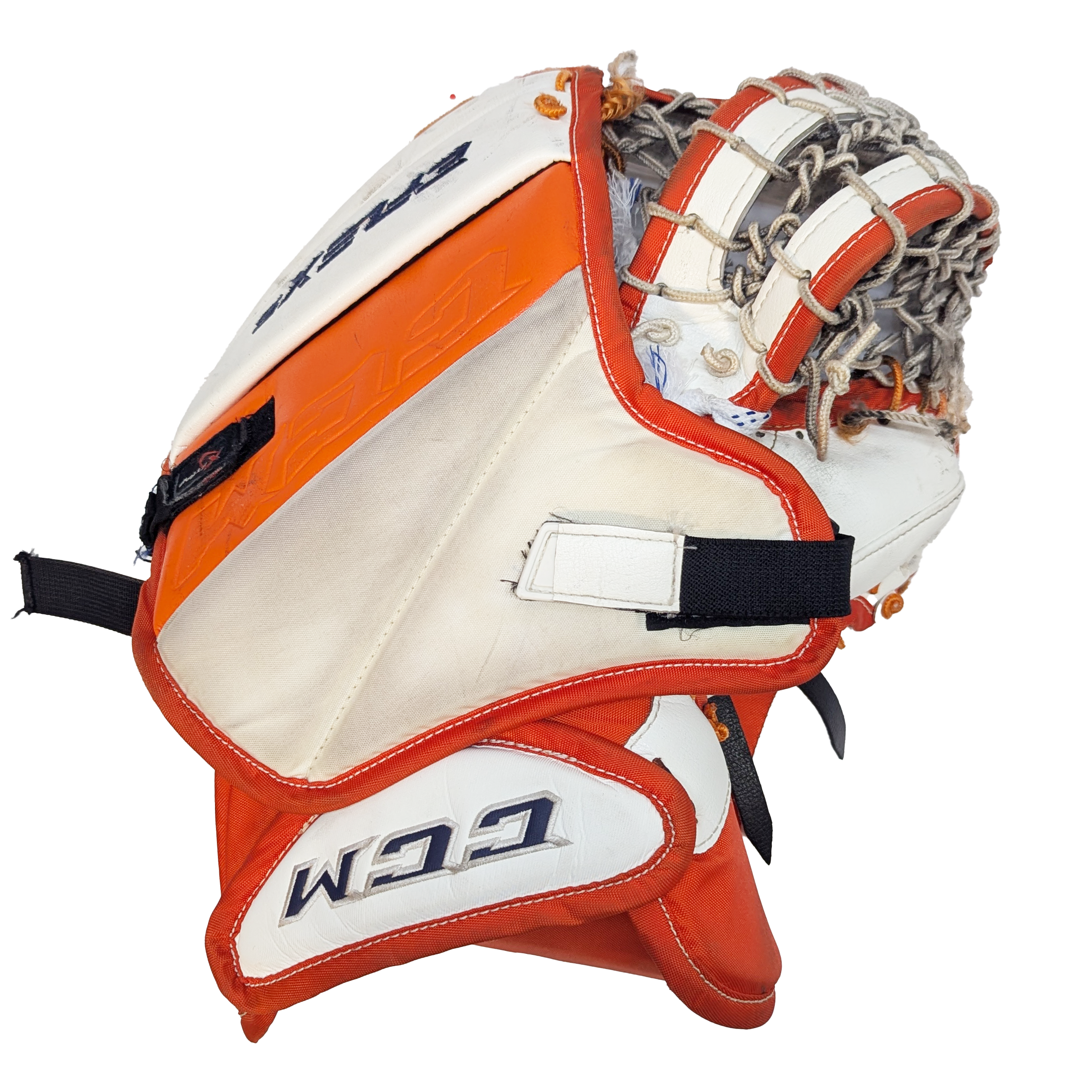 CCM Extreme Flex 5 - Gant de gardien de but Pro Stock d'occasion (blanc/orange/bleu marine)